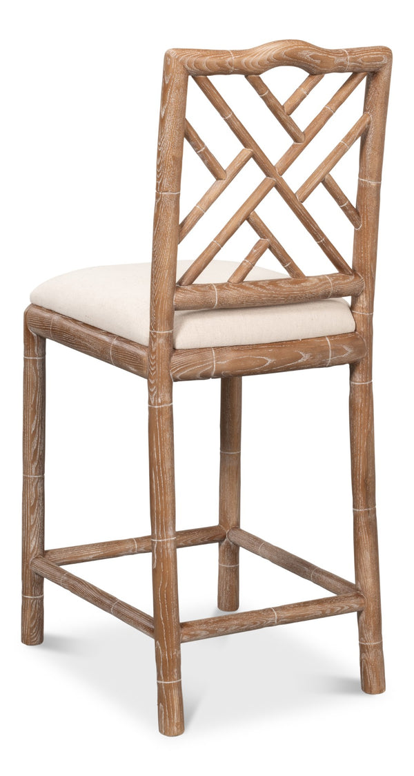 Sarreid Brighton Counter Stool - Stylish White Wash Finish With Durable Linen Fabric & Solid Ash Wood Frame Beige  53870