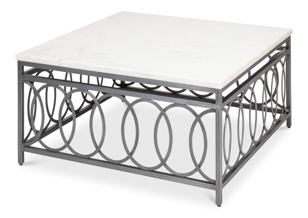 Sarreid Olympia Square Coffee Table - Elegant White Banswara Marble Top With Vintage Iron Finish Design Black  53871
