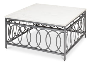 Sarreid Olympia Square Coffee Table - Elegant White Banswara Marble Top With Vintage Iron Finish Design Black  53871