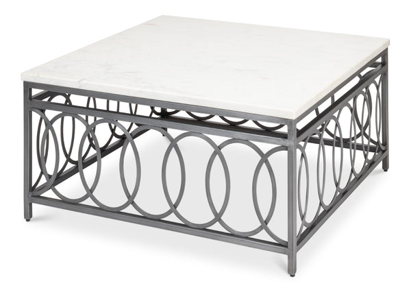 Sarreid Olympia Square Coffee Table - Elegant White Banswara Marble Top With Vintage Iron Finish Design Black  53871