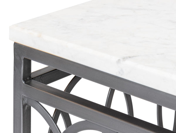 Sarreid Olympia Square Coffee Table - Elegant White Banswara Marble Top With Vintage Iron Finish Design Black  53871