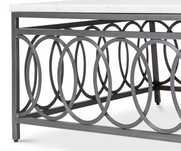 Sarreid Olympia Square Coffee Table - Elegant White Banswara Marble Top With Vintage Iron Finish Design Black  53871
