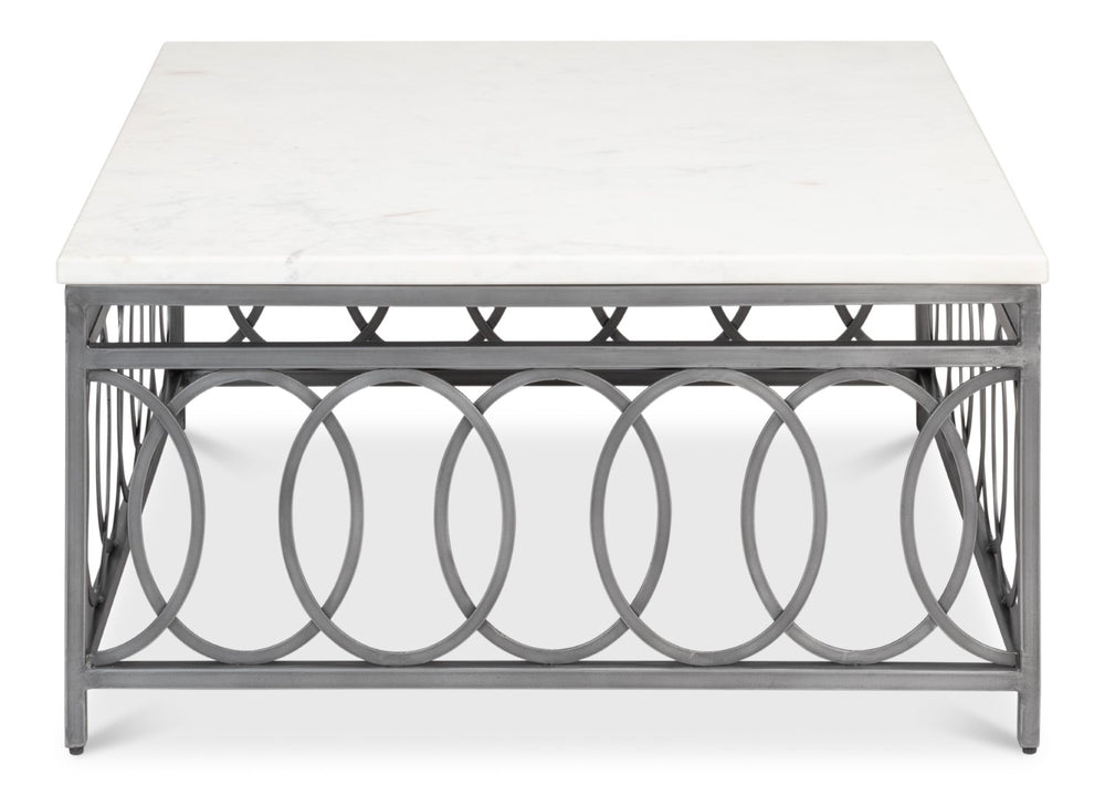Sarreid Olympia Square Coffee Table - Elegant White Banswara Marble Top With Vintage Iron Finish Design Black  53871