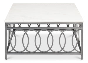 Sarreid Olympia Square Coffee Table - Elegant White Banswara Marble Top With Vintage Iron Finish Design Black  53871