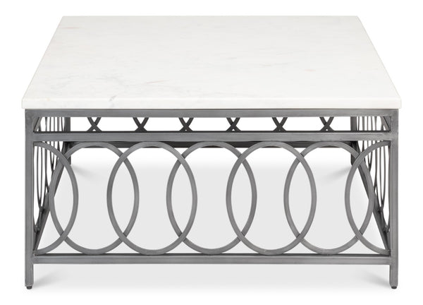 Sarreid Olympia Square Coffee Table - Elegant White Banswara Marble Top With Vintage Iron Finish Design Black  53871