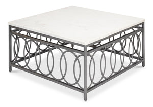 Sarreid Olympia Square Coffee Table - Elegant White Banswara Marble Top With Vintage Iron Finish Design Black  53871