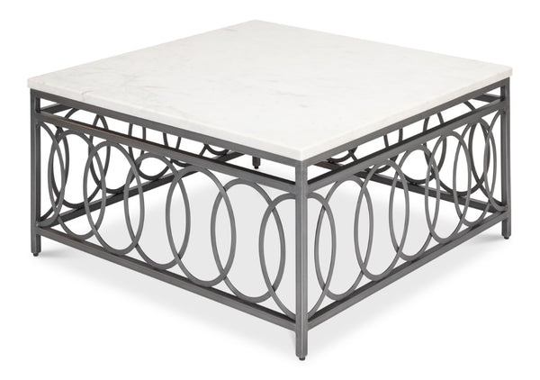 Sarreid Olympia Square Coffee Table - Elegant White Banswara Marble Top With Vintage Iron Finish Design Black  53871