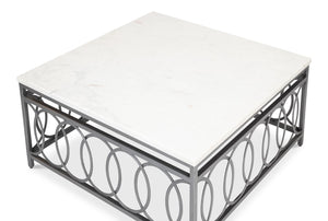 Sarreid Olympia Square Coffee Table - Elegant White Banswara Marble Top With Vintage Iron Finish Design Black  53871