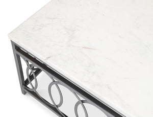 Sarreid Olympia Square Coffee Table - Elegant White Banswara Marble Top With Vintage Iron Finish Design Black  53871