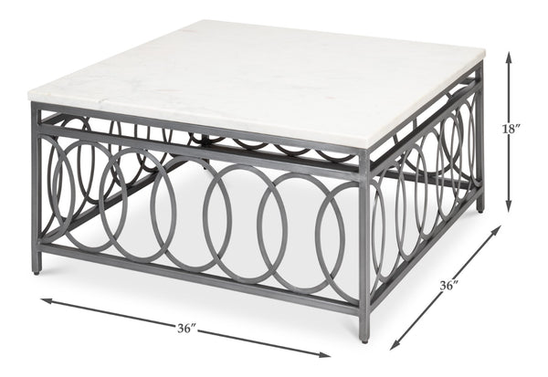 Sarreid Olympia Square Coffee Table - Elegant White Banswara Marble Top With Vintage Iron Finish Design Black  53871