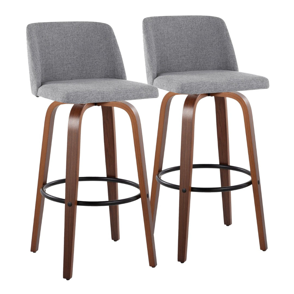 English Elm 30" Mid-century Swivel Barstools with Walnut Bentwood Legs and Grey Padded Seats Set of 2 B202S00664
