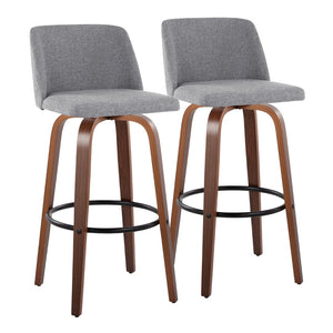 English Elm 30" Mid-century Swivel Barstools with Walnut Bentwood Legs and Grey Padded Seats Set of 2 B202S00664