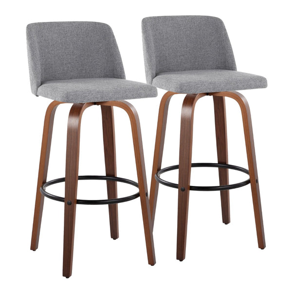English Elm 30" Mid-century Swivel Barstools with Walnut Bentwood Legs and Grey Padded Seats Set of 2 B202S00664