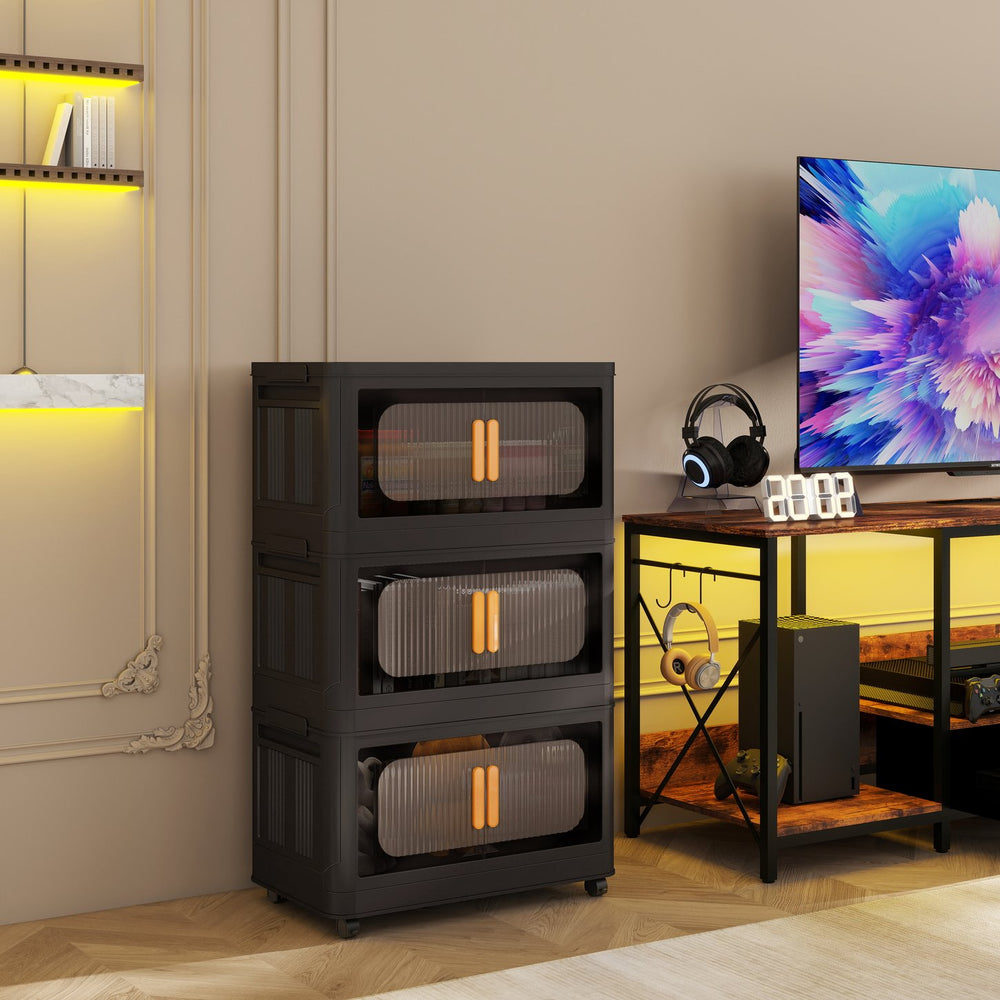 English Elm Black, 3-Tier 20" Folding Storage Cabinet with Wheels, Magnetic Door, Durable PP Plastic Organizer for Home and Dorm (31.1" H) W2873P239382