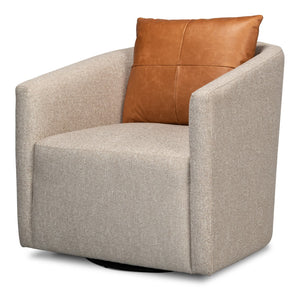 Sarreid Bronson Swivel Chair - Stylish Beechwood Frame With Luxurious Fabric & Leather For Ultimate Comfort Beige  53888