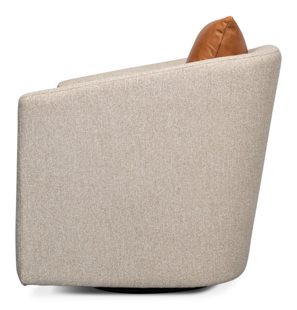 Sarreid Bronson Swivel Chair - Stylish Beechwood Frame With Luxurious Fabric & Leather For Ultimate Comfort Beige  53888