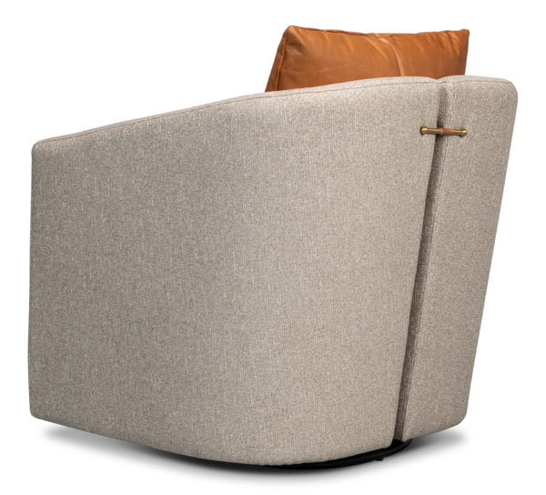 Sarreid Bronson Swivel Chair - Stylish Beechwood Frame With Luxurious Fabric & Leather For Ultimate Comfort Beige  53888