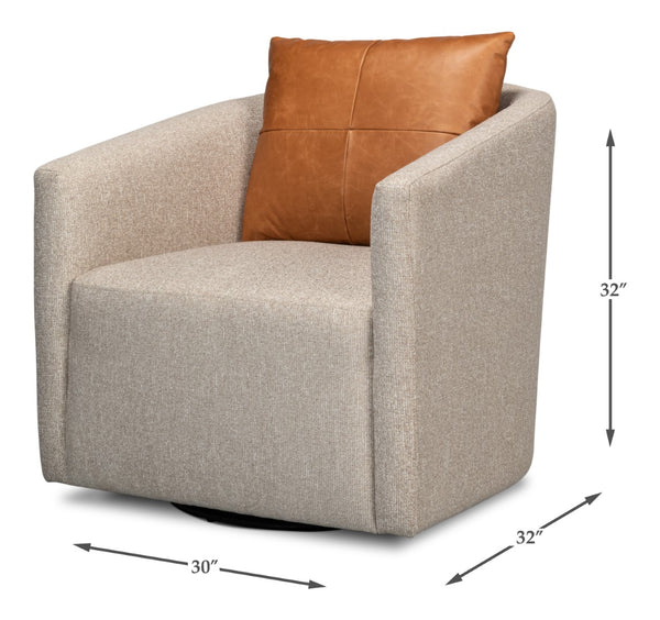 Sarreid Bronson Swivel Chair - Stylish Beechwood Frame With Luxurious Fabric & Leather For Ultimate Comfort Beige  53888