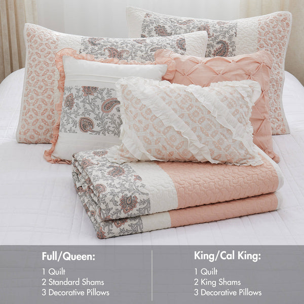 JLA Home Madison Park - 6 Cotton Percale Quilt Set with Paisley Pintuck, Lace Taping, Bedskirt & OEKO-TEX Certified Comfort 92 L x 104 W x 0.25H MP13-6873