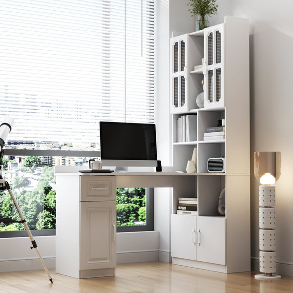 English Elm L-Shaped Corner Desk with Hutch & Drawers White — 2-in-1 Space-Saving Home Office Workstation with Ample Storage W331S00203