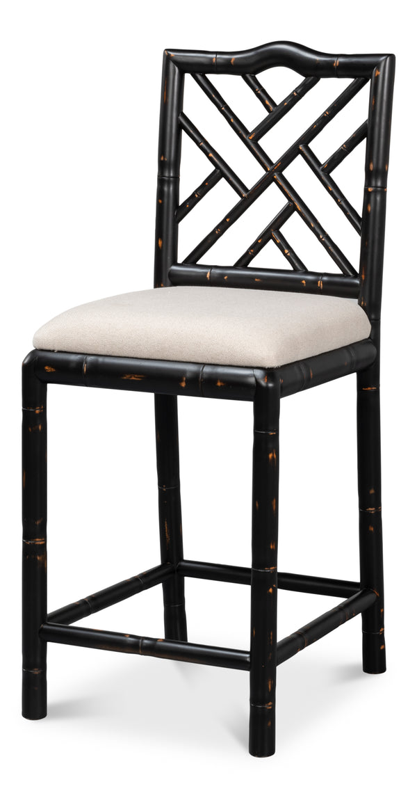 Sarreid Brighton Counter Stool In Antique Black - Stylish Linen Fabric & Durable Ash Wood Construction Black  53893