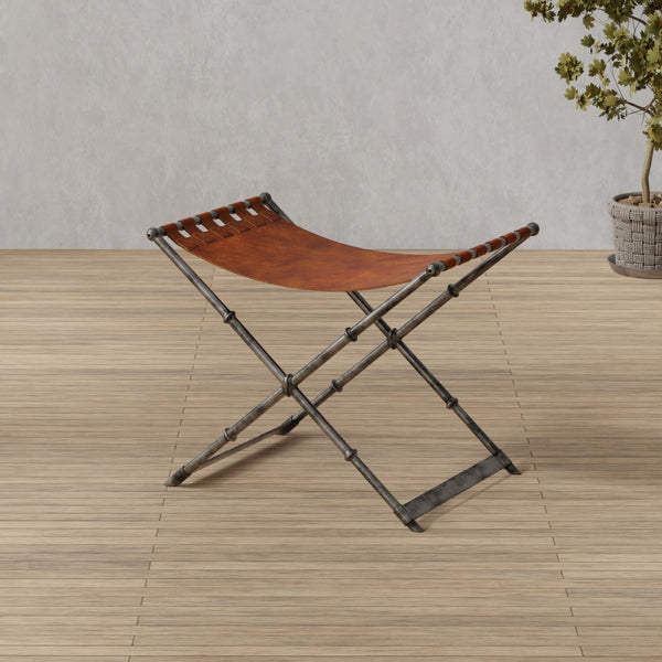 Sarreid Dalton Equestrian Bench - Stylish Gun Metal Iron & Leather Design For Modern Home Decor Needs Brown  53898