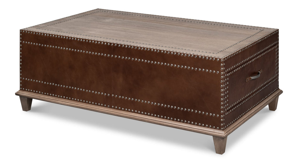 Sarreid Grandon Equestrian Cocktail Table - Antique Silver Nailhead, Barn Grey Wood & Leather Elegance Brown  53899