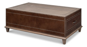 Sarreid Grandon Equestrian Cocktail Table - Antique Silver Nailhead, Barn Grey Wood & Leather Elegance Brown  53899