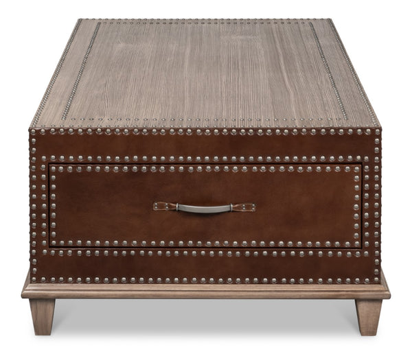 Sarreid Grandon Equestrian Cocktail Table - Antique Silver Nailhead, Barn Grey Wood & Leather Elegance Brown  53899
