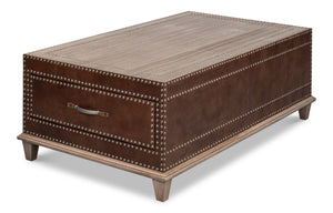 Sarreid Grandon Equestrian Cocktail Table - Antique Silver Nailhead, Barn Grey Wood & Leather Elegance Brown  53899