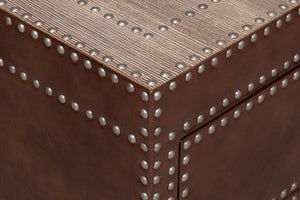 Sarreid Grandon Equestrian Cocktail Table - Antique Silver Nailhead, Barn Grey Wood & Leather Elegance Brown  53899