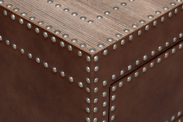 Sarreid Grandon Equestrian Cocktail Table - Antique Silver Nailhead, Barn Grey Wood & Leather Elegance Brown  53899
