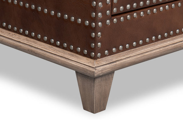 Sarreid Grandon Equestrian Cocktail Table - Antique Silver Nailhead, Barn Grey Wood & Leather Elegance Brown  53899