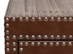 Sarreid Grandon Equestrian Cocktail Table - Antique Silver Nailhead, Barn Grey Wood & Leather Elegance Brown  53899