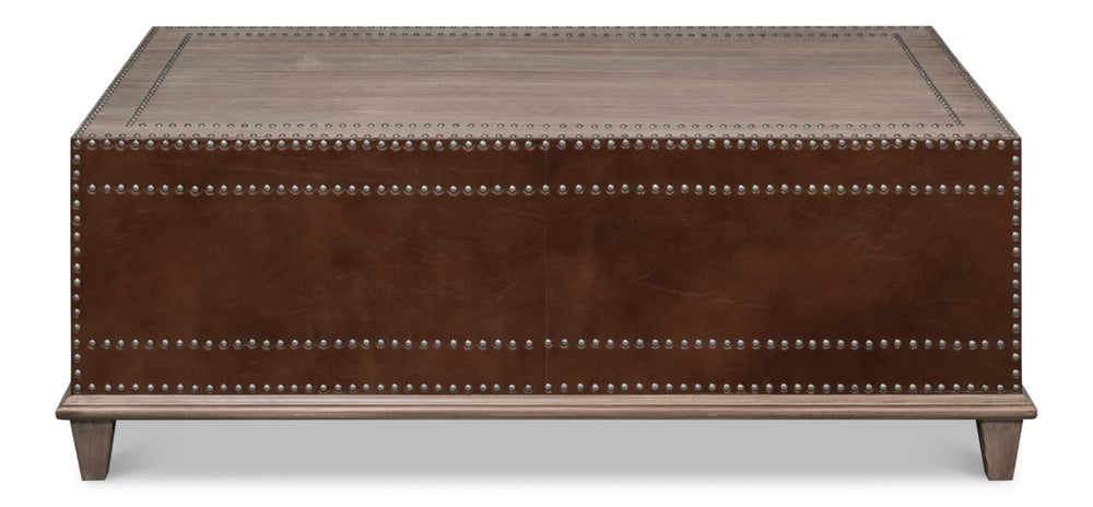 Sarreid Grandon Equestrian Cocktail Table - Antique Silver Nailhead, Barn Grey Wood & Leather Elegance Brown  53899