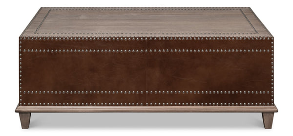 Sarreid Grandon Equestrian Cocktail Table - Antique Silver Nailhead, Barn Grey Wood & Leather Elegance Brown  53899
