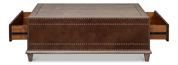Sarreid Grandon Equestrian Cocktail Table - Antique Silver Nailhead, Barn Grey Wood & Leather Elegance Brown  53899