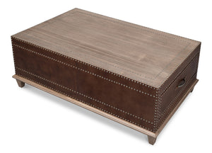 Sarreid Grandon Equestrian Cocktail Table - Antique Silver Nailhead, Barn Grey Wood & Leather Elegance Brown  53899
