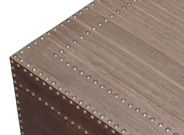 Sarreid Grandon Equestrian Cocktail Table - Antique Silver Nailhead, Barn Grey Wood & Leather Elegance Brown  53899