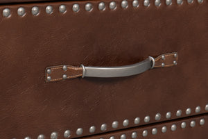 Sarreid Grandon Equestrian Cocktail Table - Antique Silver Nailhead, Barn Grey Wood & Leather Elegance Brown  53899