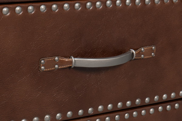 Sarreid Grandon Equestrian Cocktail Table - Antique Silver Nailhead, Barn Grey Wood & Leather Elegance Brown  53899