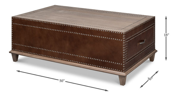 Sarreid Grandon Equestrian Cocktail Table - Antique Silver Nailhead, Barn Grey Wood & Leather Elegance Brown  53899