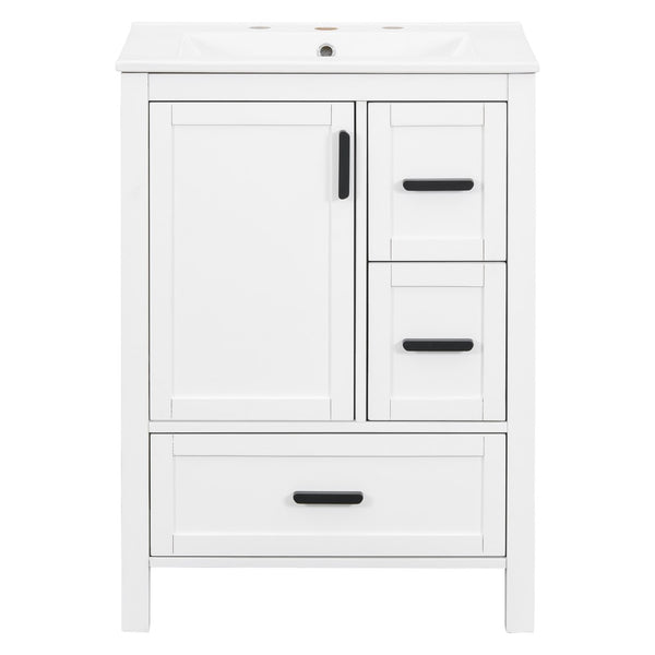 English Elm Modern 24 Inch Bathroom Vanity Solid Wood Cabinet with Ceramic Sink and Soft Close Storage White N729P292859K