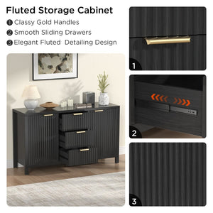 English Elm Sideboard Fluted Credenza with Three Drawers Two Doors Matte Black Modern Storage T3773P417341