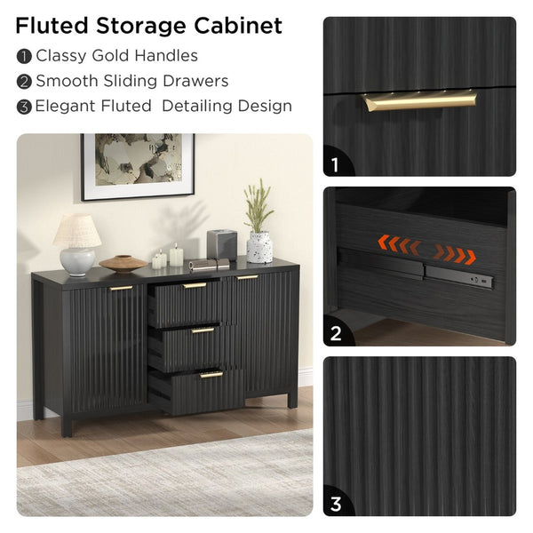 English Elm Sideboard Fluted Credenza with Three Drawers Two Doors Matte Black Modern Storage T3773P417341