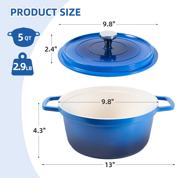 English Elm Lightweight 5 Qt Dutch Oven With Lid – Nonstick Enameled Pot For Baking, Multi-Cooktop Use, Blue T3950P399485