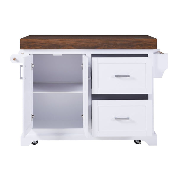 English Elm K&k Rolling Kitchen Island with Walnut Grain Countertop Drawers and Spice Rack White N707S000025W