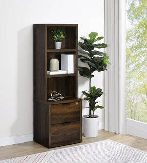 English Elm 1pc Multifunctional Bookcase with 3 Open Shelves, 2 Lockable Drawers and Dual USB-A/USB-C Charging Ports Brown,Pine Wood 42 L x 26.26 W x 8 H B011P337668