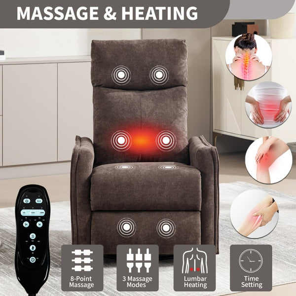 English Elm Heat Massage Rocker Swivel Recliner Fabric Chair with Lumbar Therapy for Living Room Brown W1803P362305