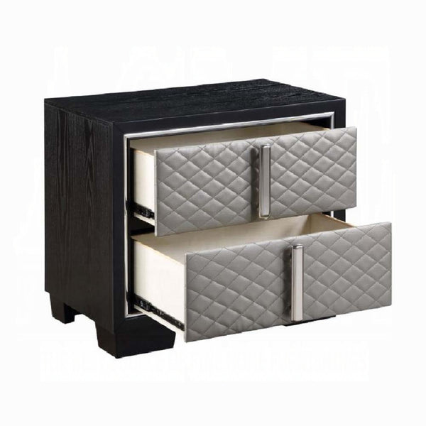 English Elm Silver Diamond Quilted 2-Drawer Nightstand with Chrome Accents, Black Finish, Spacious Top & Storage B062P209013